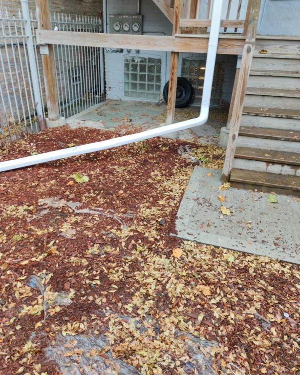 Leaf litter packed around the base of a downspout beside a building